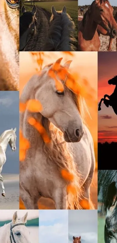 Collage of beautiful horses in nature and sunset settings for mobile wallpaper.