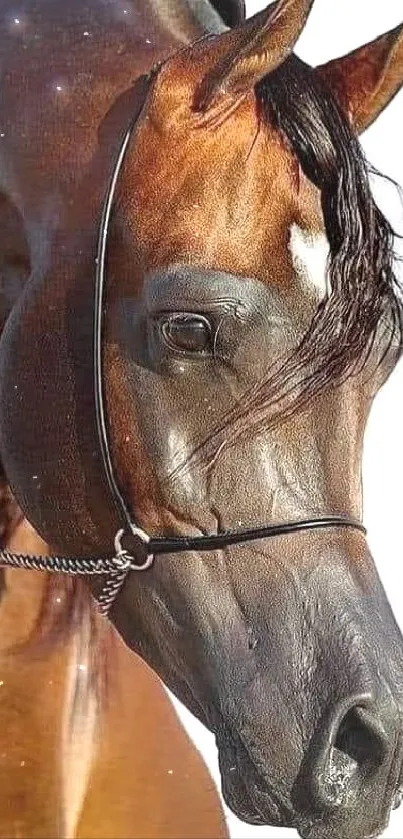 Chestnut horse head portrait with elegant reins