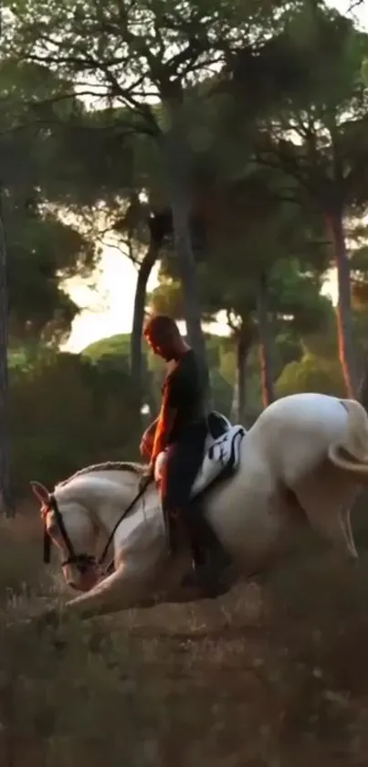 Horse and rider in a sunset forest scene, exuding elegance and tranquility.