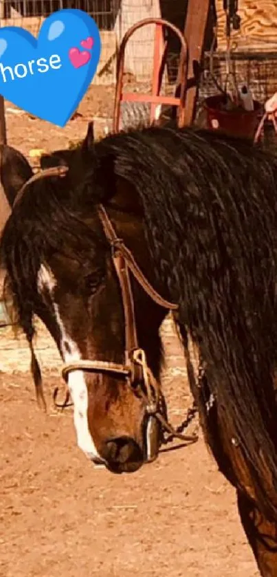 Brown horse with glossy mane in ranch setting wallpaper.