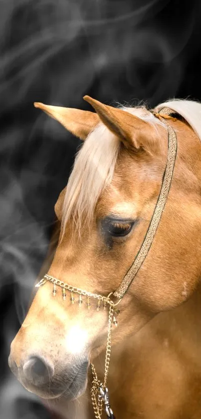 Elegant horse with golden mane on a dark background mobile wallpaper.