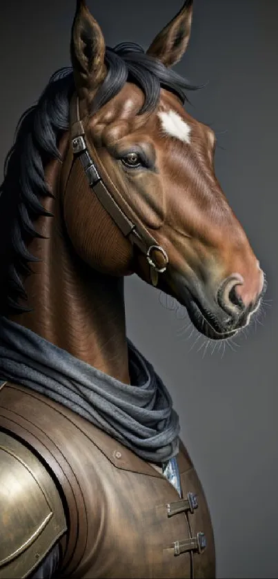 Detailed digital art of a horse in armor on a dark background.