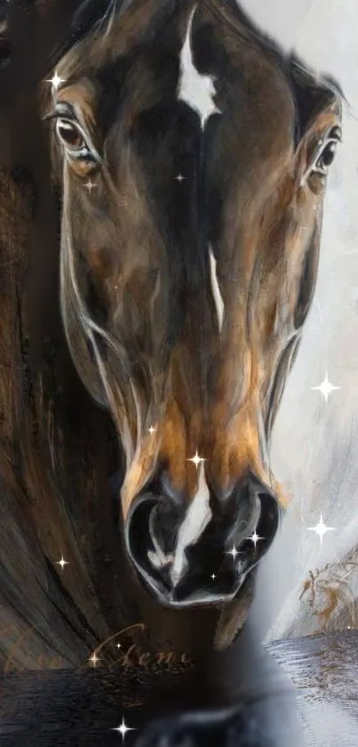 Elegant horse portrait watercolor wallpaper with brown hues and artistic design.