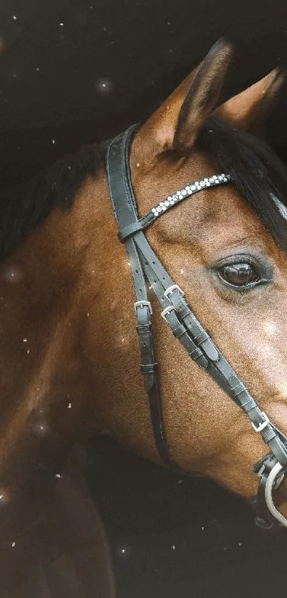 Majestic horse profile on dark backdrop.