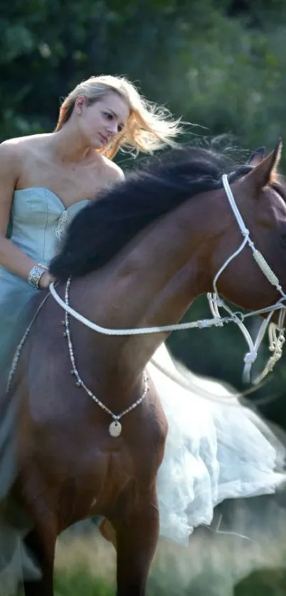 Elegant woman riding a horse in natural setting.