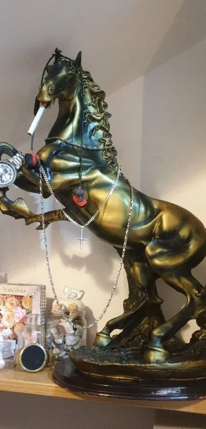 Majestic golden horse sculpture on display.