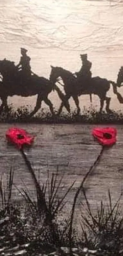 Horse silhouette art with red poppies wallpaper.