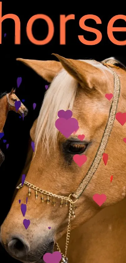 Elegant horse with bridle and floating hearts on a dark background.