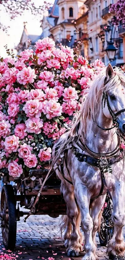 Horse pulling flower-filled cart on cobblestone street.