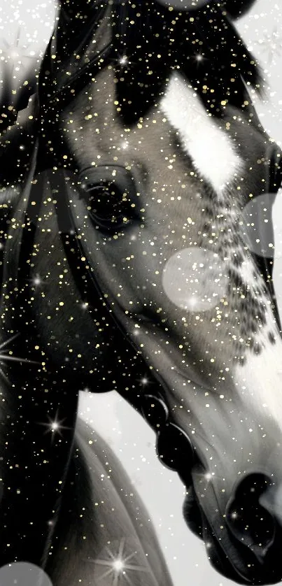 Majestic black horse with golden glitter on mobile wallpaper.