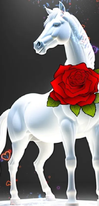 Elegant white horse adorned with a red rose on a dark background in artistic style.