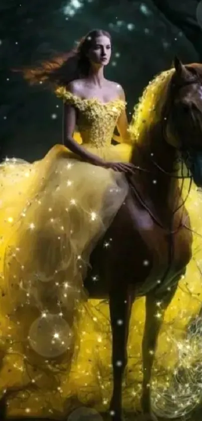 Elegant woman in glowing yellow gown on a horse in a mystical forest.