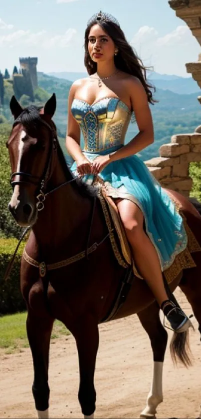 Princess in blue gown on horseback with castle in background.