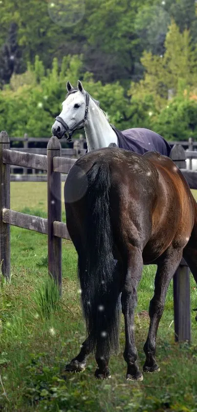 Two horses in a green pasture with wooden fences, offering a serene nature scene.