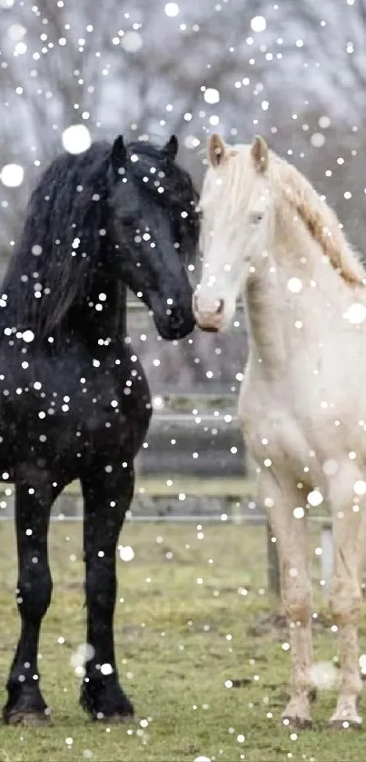 Black and white horses standing together in a pasture.