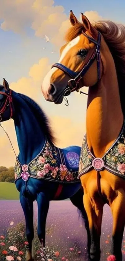 Majestic horses in floral attire under a vibrant sky.