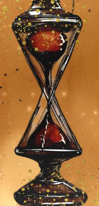 Elegant hourglass with gold sparkles on a brown background.