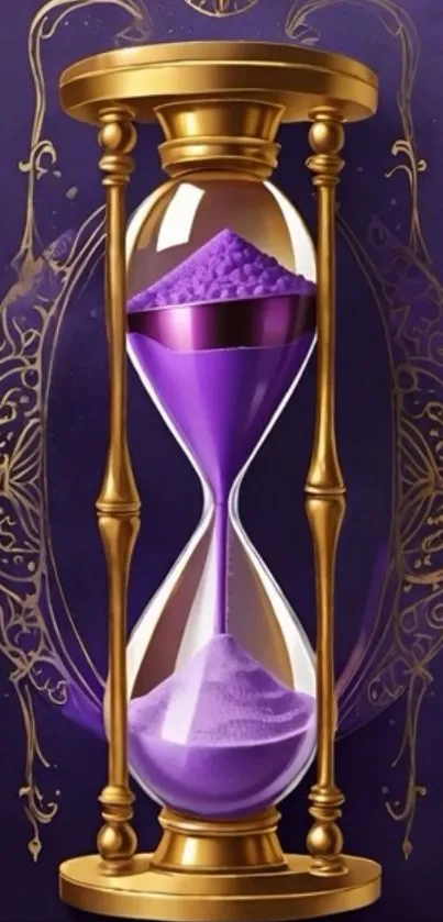 Elegant hourglass with purple sand and gold frame on a mobile wallpaper.