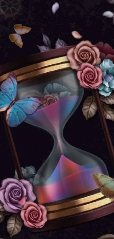 Elegant hourglass with butterflies and flowers on mobile wallpaper.