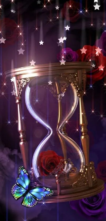 Elegant hourglass with roses and butterfly on a cosmic background.