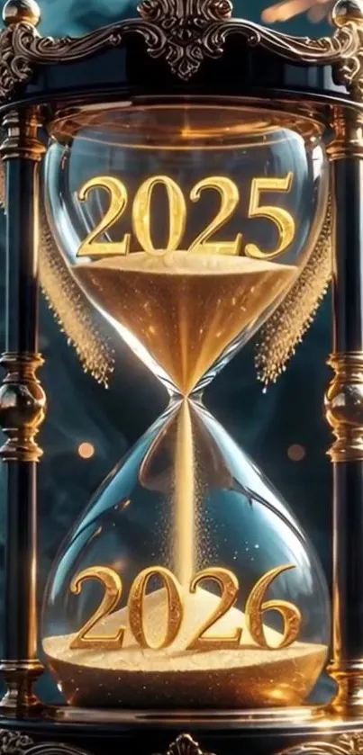 Elegant hourglass transitioning from 2025 to 2026 with a golden theme.