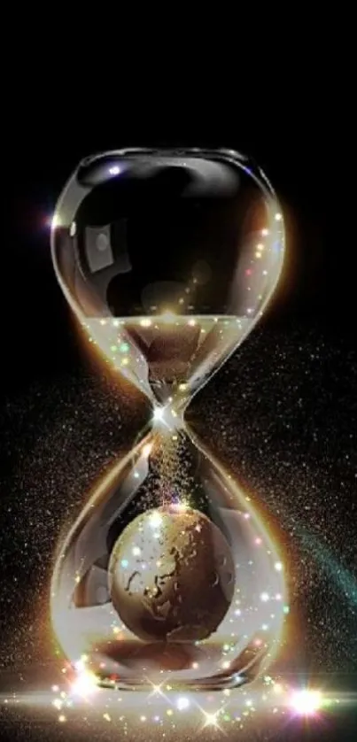 Elegant hourglass with glowing sand on a black background.