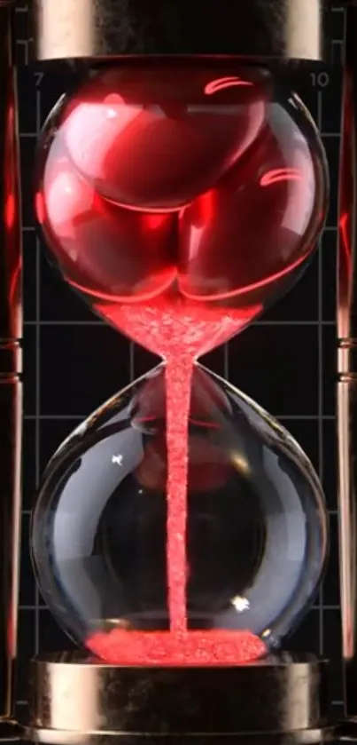 Elegant hourglass with red sand and metallic frame on dark background.