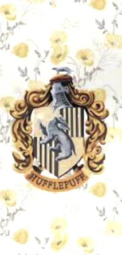 Hufflepuff crest with floral background wallpaper in cream and gold tones.