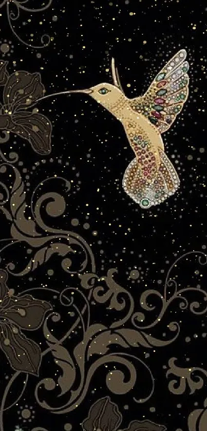 Elegant mobile wallpaper with a jeweled hummingbird and floral designs on a black background.