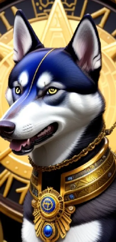 Elegant husky with gold backdrop and ornate jewelry.