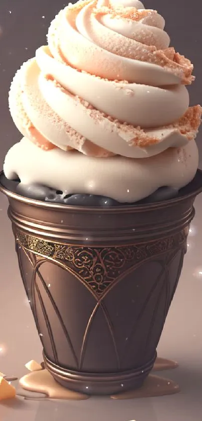 Luxurious ice cream cone with rich chocolate and creamy swirl.