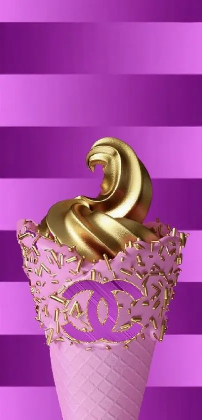 Pink and gold ice cream with a purple striped background.