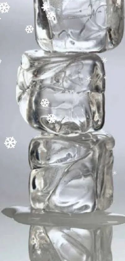 Stacked ice cubes reflecting on a surface.