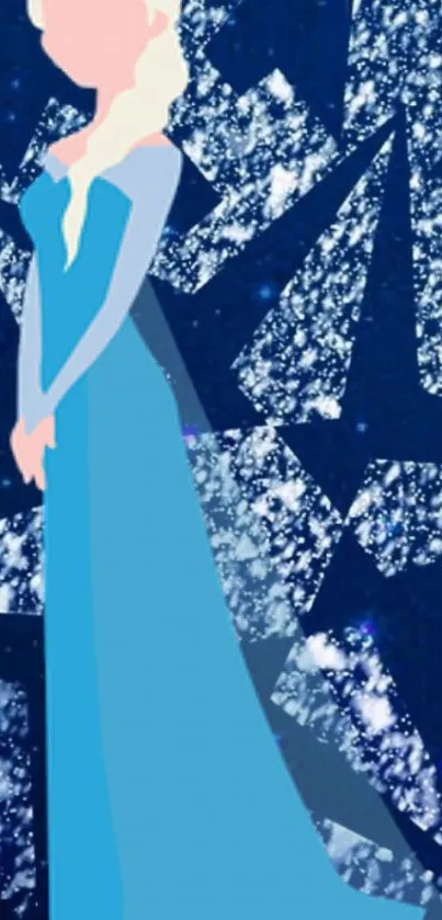 Illustration of an ice queen with a blue starry background.