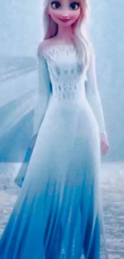 Animated ice princess in an elegant blue dress on a serene landscape.