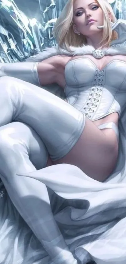 Ice queen illustration in white attire, elegant and powerful.