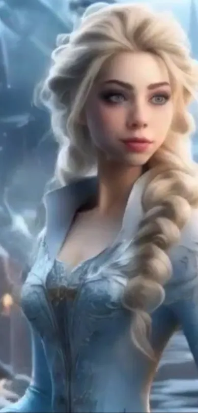 Elegant ice queen with flowing hair in a fantasy landscape