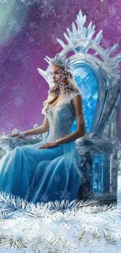 Elegant ice queen sitting on a throne in a snowy fantasy landscape.