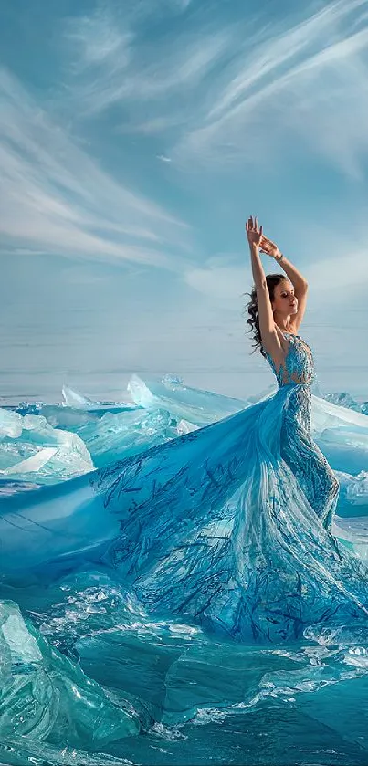 Woman in elegant blue gown on icy landscape under a sky.