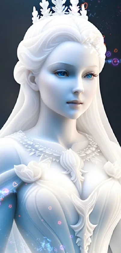 Elegant ice queen with crown in white fantasy dress.