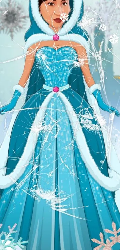 Animated ice queen in blue dress with snowflakes, perfect for winter themes.