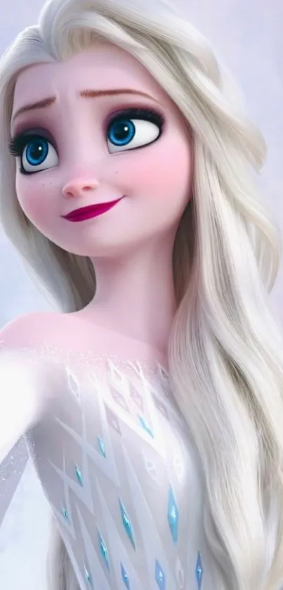 Elegant ice queen with blue eyes and white hair in a magical scene.