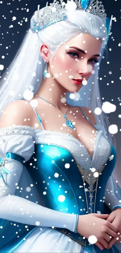 Elegant ice queen with blue dress and crown.