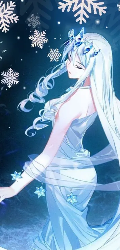 Elegant ice queen surrounded by snowflakes in a serene winter setting.