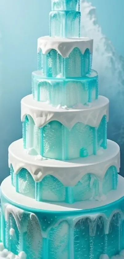 Five-tiered icy themed cake with blue and white colors.