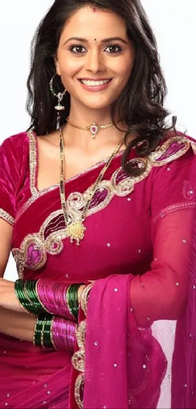 Woman in a magenta sari with elegant jewelry as mobile wallpaper.