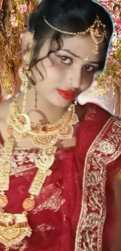 Indian bride with gold jewelry amidst pink floral background.