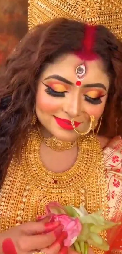 Elegant Indian bride in gold jewelry holding a flower bouquet.