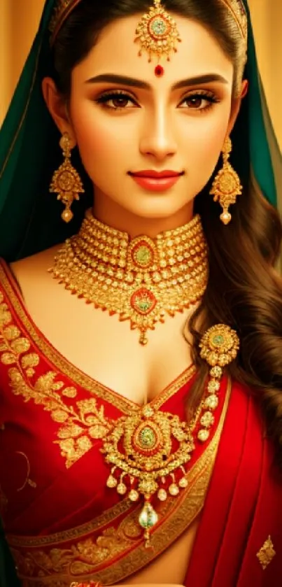 Elegant Indian bride in red traditional attire with gold jewelry.