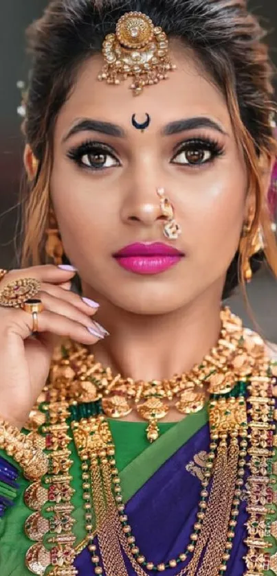 Elegant Indian bridal portrait with jewelry and traditional attire.